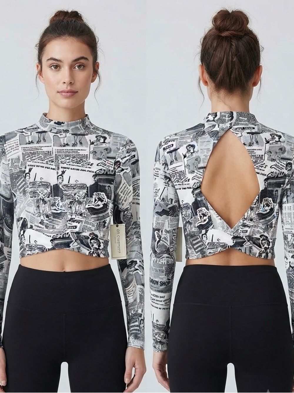 No Comment NY*LA Newspaper Print Long Sleeve Crop Top (NWT)